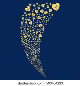 Cardiology random fireworks stream. Vector illustration style is flat yellow iconic symbols on a blue background. Object fountain combined from scattered symbols.
