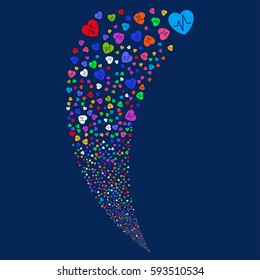 Cardiology random fireworks stream. Vector illustration style is flat bright multicolored iconic symbols on a blue background. Object fountain created from scattered symbols.