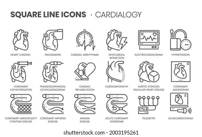 Cardiology related, pixel perfect, editable stroke, up scalable square line vector icon set. 