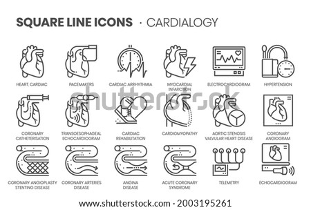 Cardiology related, pixel perfect, editable stroke, up scalable square line vector icon set. 