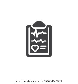 Icono vectorial del informe de cardiología. signo plano relleno para concepto móvil y diseño web. Icono de glifo de comprobación de estado del corazón. Símbolo médico electrocardiograma, ilustración del logo. Gráficos vectoriales
