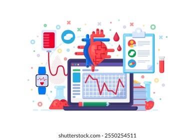 Investigación cardiológica y diagnósticos remotos con equipos modernos. Consulta online y diagnóstico del paciente. Ilustración vectorial de color conceptual aislada sobre fondo blanco