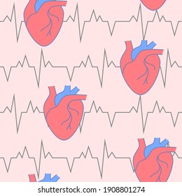 Cardiology seamless pattern with heart symbol in line style. Medical repeatable background. Vector illustration.