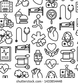 Cardiology seamless pattern with thin line icons: cardiologist, stethoscope, hospital, pulsometer, cardiogram, heartbeat. Modern vector illustration.