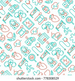 Cardiology seamless pattern with thin line icons: cardiologist, stethoscope, hospital, pulsometer, cardiogram, heartbeat. Modern vector illustration.