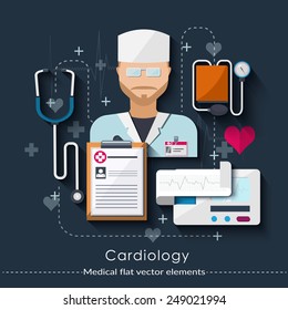 Cardiology set in flat style. Healthcare and medical concept.  Vector illustration