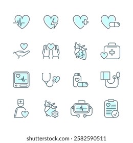 Cardiology Sign Thin Line Icon Set Include of First Aid Kit, Holter Monitor and Medications . Vector illustration