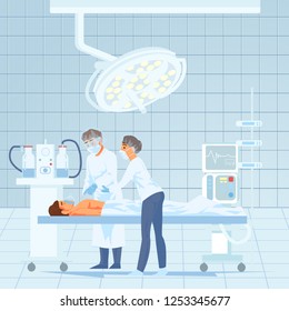 Cardiology Surgery Operation in Modern Hospital Cartoon Vector Illustration. Surgeon with Nurse Assistance Making Surgery Intervention in Equipped Operation Room. Human Heart Transplantation Concept