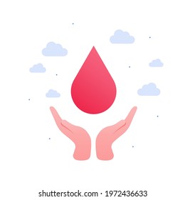 Cardiology system disease concept. Vector flat medical illustration. Couple of hands holding blood drop. Design for health care, pharmacy, organ donation, charity
