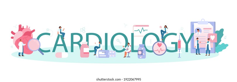 Cardiology typographic header. Idea of heart care and medical diagnostic. Doctors treat heart disease. Internal organ. Isolated illustration in cartoon style