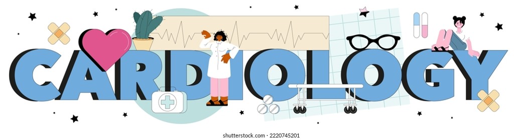 Encabezado tipográfico de cardiología. Idea de diagnóstico y tratamiento médico del corazón. Los médicos tratan el ataque al corazón. Cirujano de órganos internos. Ilustración vectorial plana