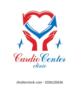 Cardiology vector conceptual emblem made with a heart pulsating electrocardiogram. Cardiology diagnosis clinic logotype.