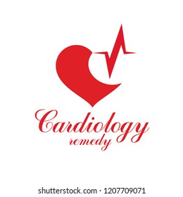 Cardiology vector conceptual emblem made with a heart pulsating electrocardiogram. Cardiology diagnosis clinic logotype.