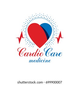 Cardiology vector conceptual emblem made with a heart pulsating electrocardiogram. Cardiology diagnosis clinic logotype.