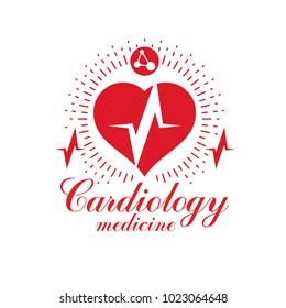 Cardiology vector conceptual logo created with red heart shape and an ecg chart. Cardiovascular illness treatment concept for use as cardio center emblem.