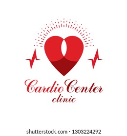 Cardiology vector conceptual logo created with red heart shape and an ecg chart. Cardiovascular illness treatment concept for use as cardio center emblem.