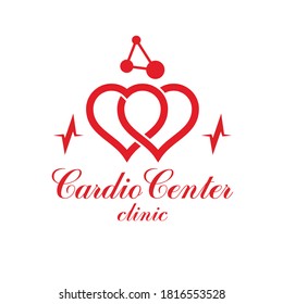 Cardiology vector conceptual logo created with red heart shape and an ecg chart. Cardiovascular illness treatment concept for use as cardio center emblem.