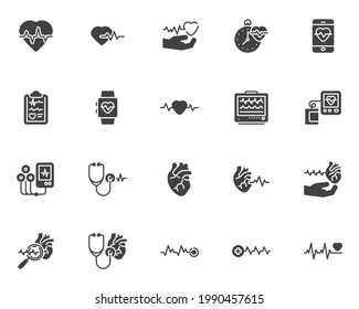 Cardiology vector icons set, modern solid symbol collection, filled style pictogram pack. Signs, logo illustration. Set includes icons as heart attack, ecg, heartbeat pulse, defibrillator, heart rate