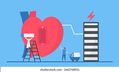 Cardiology vector illustration. Heart disease problem called bradycardia arrhythmia. If heart has Low battery or energy, this failure will makes periodic signal too slow.