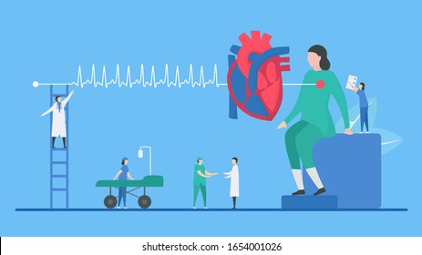 Cardiology vector illustration. Heart disease problem called tachycardia arrhythmia. Periodic signal is fast impulse response. Flat tiny style.