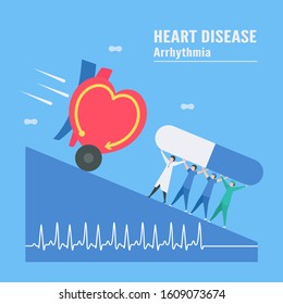 Cardiology vector illustration. On blue background, heart disease problem called tachycardia arrhythmia. Periodic signal is fast impulse response.