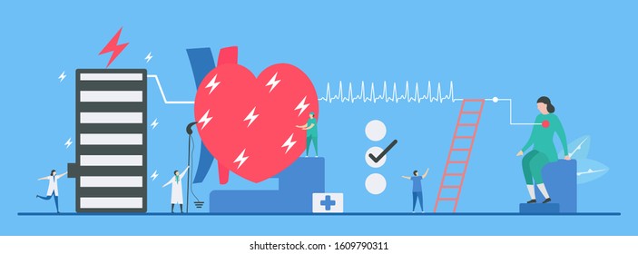 Cardiology vector illustration. On blue background, heart disease problem called tachycardia arrhythmia. Periodic signal is fast impulse response.