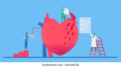 Cardiology vector illustration. On blue background, heart disease problem called tachycardia arrhythmia. Periodic signal is fast impulse response because of coffee 