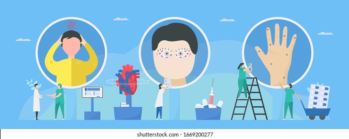 Cardiology vector illustration. This disease calls endocarditis. It is infection of endocardium that is inner heart chambers and valves. Symptoms include fever, roth spot, and osler nodes.