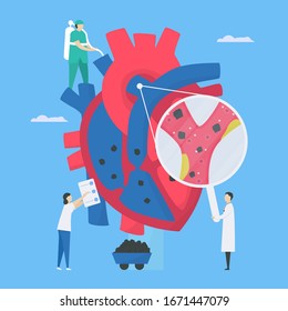 Cardiology vector illustration. This disease calls endocarditis. It is infection of endocardium that is inner heart chambers and valves. Diagnostic and analysis of doctor to take care patient.