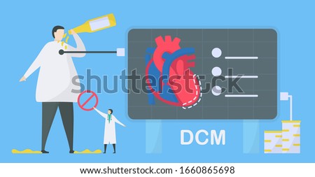 Cardiology vector illustration. This disease calls Dilated Cardiomyopathy. Ability of blood pumping is decreased. Left ventricle room of heart is enlarged and weakened. Stop alcohol.