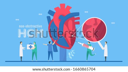 Cardiology vector illustration. This diseases are non-obstructive hypertrophic cardiomyopathy. It is opposite of HCM Ability of blood pumping is decreased. Portion of heart becomes thickened. 