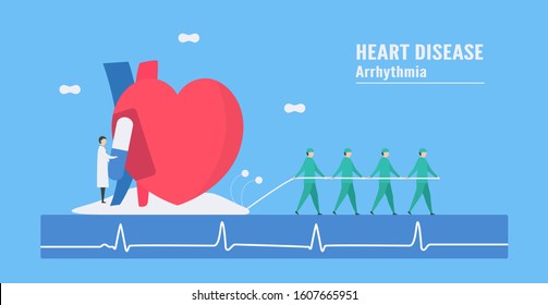 Cardiology vector illustration. This heart disease problem is bradycardia arrhythmia. Diagnostic and analysis shows that periodic signal is slow impulse response around sinus node.