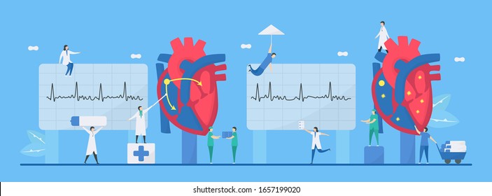 Cardiology vector illustration. This heart disease problem is arrhythmia. Comparison of normal and unusual signals from left to right respectively. Tiny flat design.