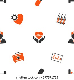 Cardiology vector repeatable pattern. Style is flat orange and gray icon symbols on a white background.