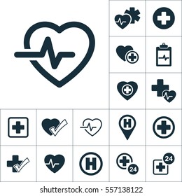 Cardiology Wave Monitor Heart Icon, Medical Signs Set On White Background