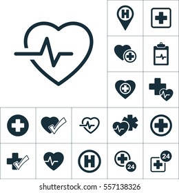 cardiology wave monitor heart icon, medical signs set on white background
