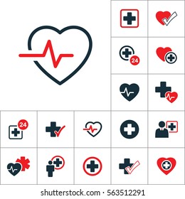 Cardiology Wave Monitor Heart Icon, Medical Signs Set On White Background