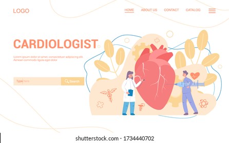 Cardiology web banner concept. Idea of heart care and medical examination. Doctors treat giant heart. Internal organ. Isolated illustration in cartoon style