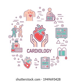 Cardiology web banner. Infographics with linear icons on white background. Creative idea concept. Isolated outline color illustration. Vector illustration