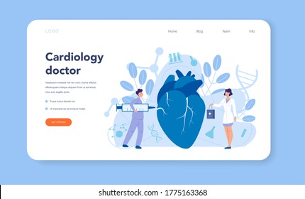 Cardiology web banner or landing page. Doctor deal with the disorder of the heart. Cardiology doctor make diagnos and treatment of congential heart defect. Vector illustration.