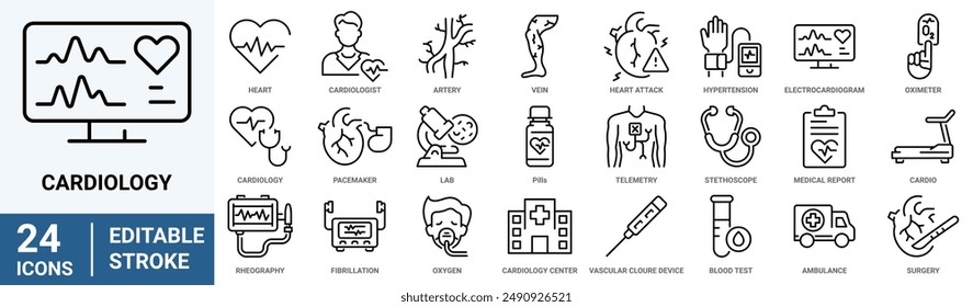 Cardiology web line icons. medicine, heart attack, health report, heart, coronary angiography, health tracker. Editable stroke.