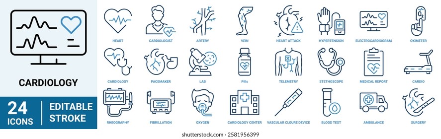 Cardiology web line icons. medicine, heart attack, health report, heart, coronary angiography, health tracker. Editable stroke.