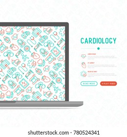 Cardiology web page template with thin line icons: cardiologist, stethoscope, hospital, pulsometer, cardiogram, heartbeat. Modern vector illustration.