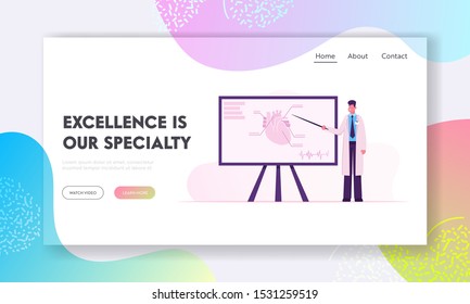 Cardiology Website Landing Page. Doctor Cardiologist Holding Pointer Stand at Huge Aid Banner with Heart Anatomy Conducting Lesson Medicine University Web Page Banner. Cartoon Flat Vector Illustration