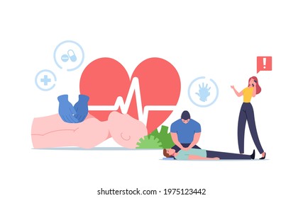 Cardiopulmonary Resuscitation, Cpr Emergency Aid. Medic Character Combine Chest Compression with Cardiac Massage, Artificial Ventilation Effort to Critical Patient. Cartoon People Vector Illustration