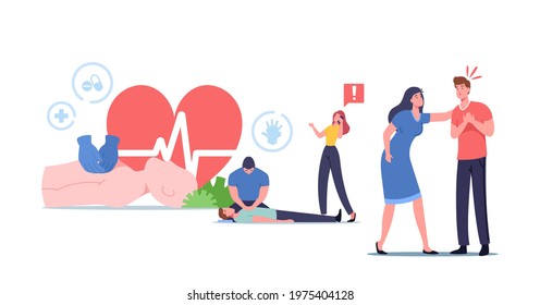 Cardiopulmonary Resuscitation, First Aid, Cpr Emergency Procedure. Character Make Cardiac Massage to Critical Patient Lying on Ground. Tiny Woman Call to Ambulance. Cartoon People Vector Illustration