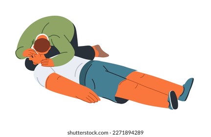 Cardiopulmonary resuscitation and first help, emergency assistance for person unable to breath. Procedure by person, artificial ventilation for unconscious personage on ground. Vector in flat style