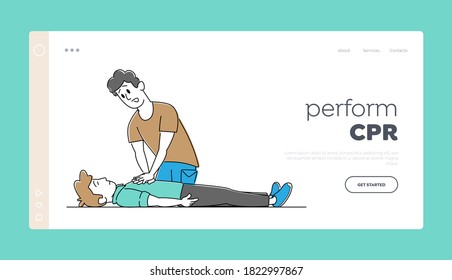 Cardiopulmonary Resuscitation Landing Page Template. Male Character Making Heart Massage to Man Victim Lying on Floor. CPR First Aid Help Medical Care, Practice. Linear People Vector Illustration