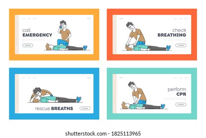 Cardiopulmonary Resuscitation Landing Page Template Set. Character Perform First Aid to Victim. Emergency Call, Check Breathing, Rescue Breath, Nursing Training. Linear People Vector Illustration