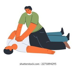 Cardiopulmonary resuscitation lifesaving technique for first aid and medical help in emergency situations. Isolated man giving artificial ventilation to unconscious personage. Vector in flat style